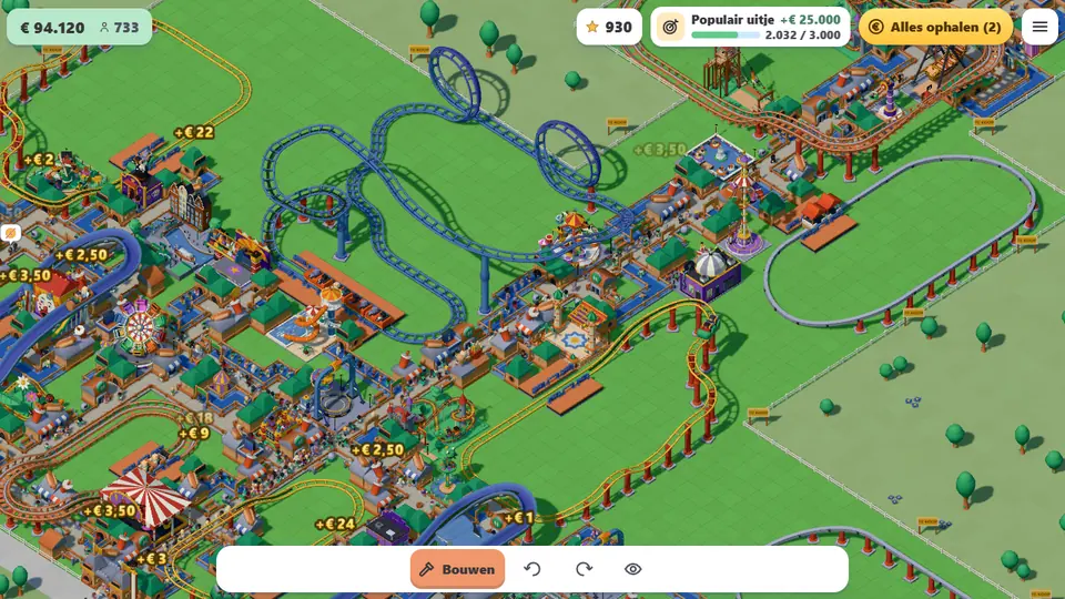Een groot pretpark op een computerscherm, met een blauwe achtbaan met loopings, attracties, kramen en veel bezoekers