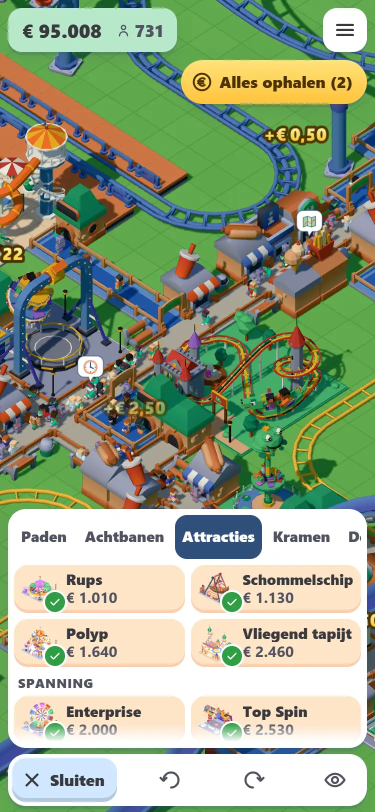 Het bouwmenu op een telefoon met de tab Attracties: Rups, Schommelschip, Polyp, Vliegend tapijt, Enterprise en Top Spin