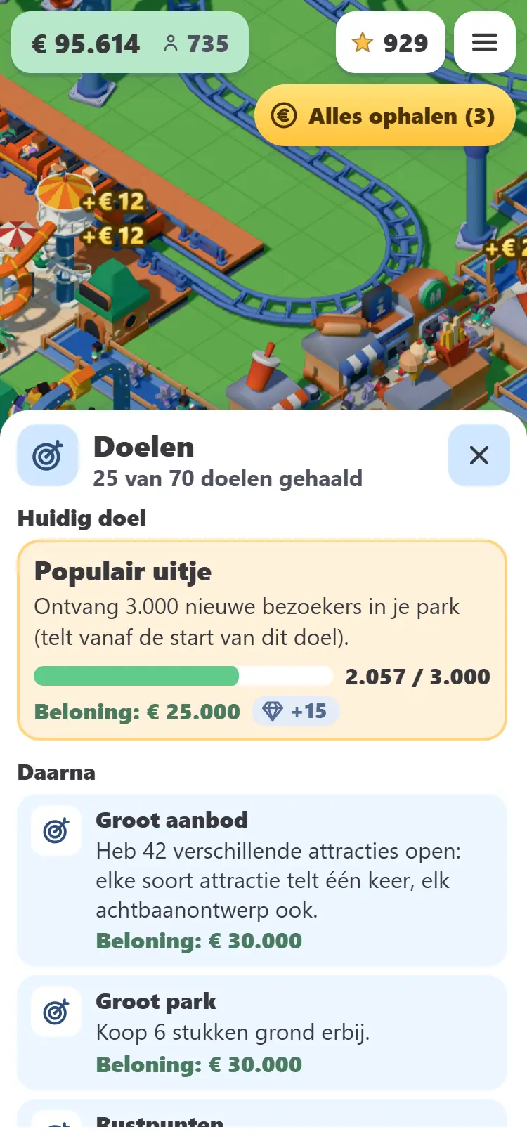 Het doelenscherm op een telefoon: het huidige doel Populair uitje met een voortgangsbalk en de beloning