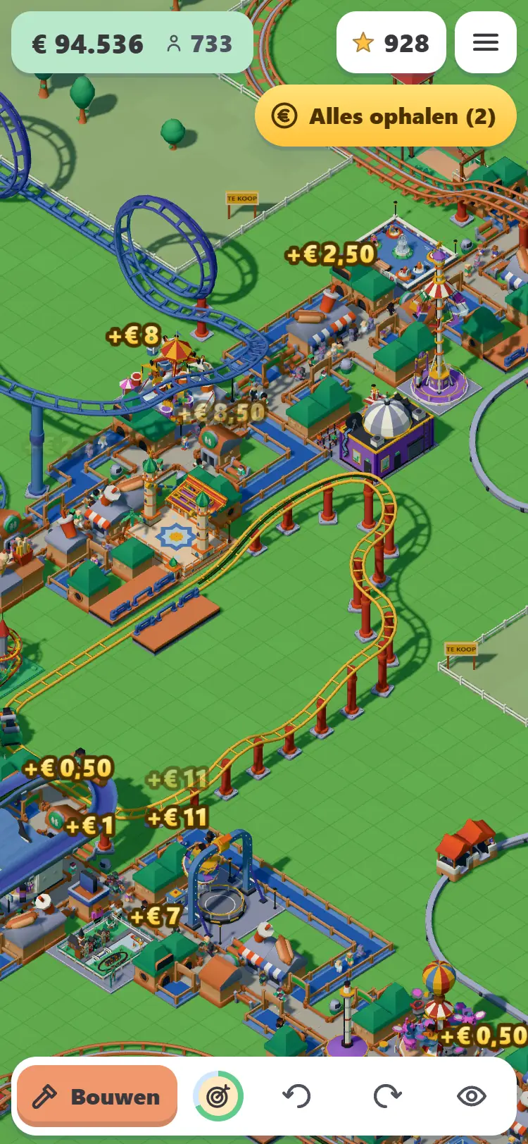 Een groot park op een telefoon, met achtbanen, attracties en kramen en vrije grond die te koop staat